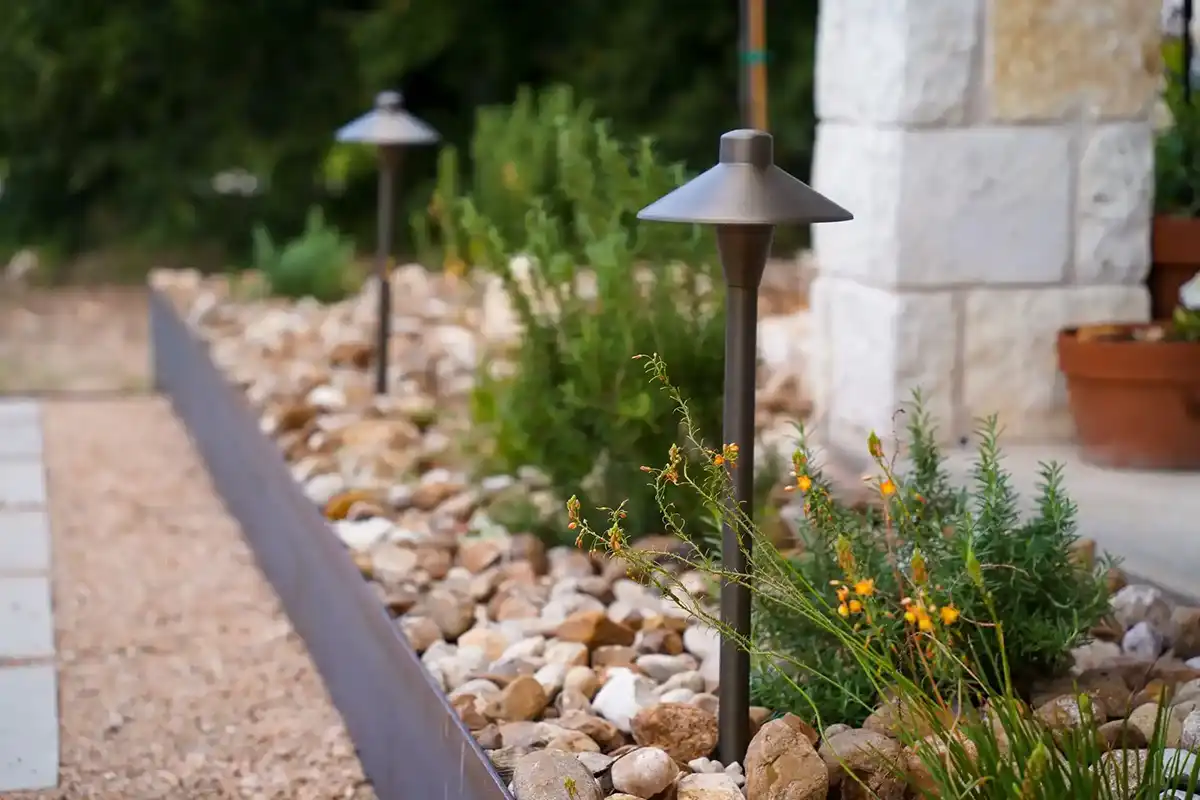 close up of path lighting in a rock garden