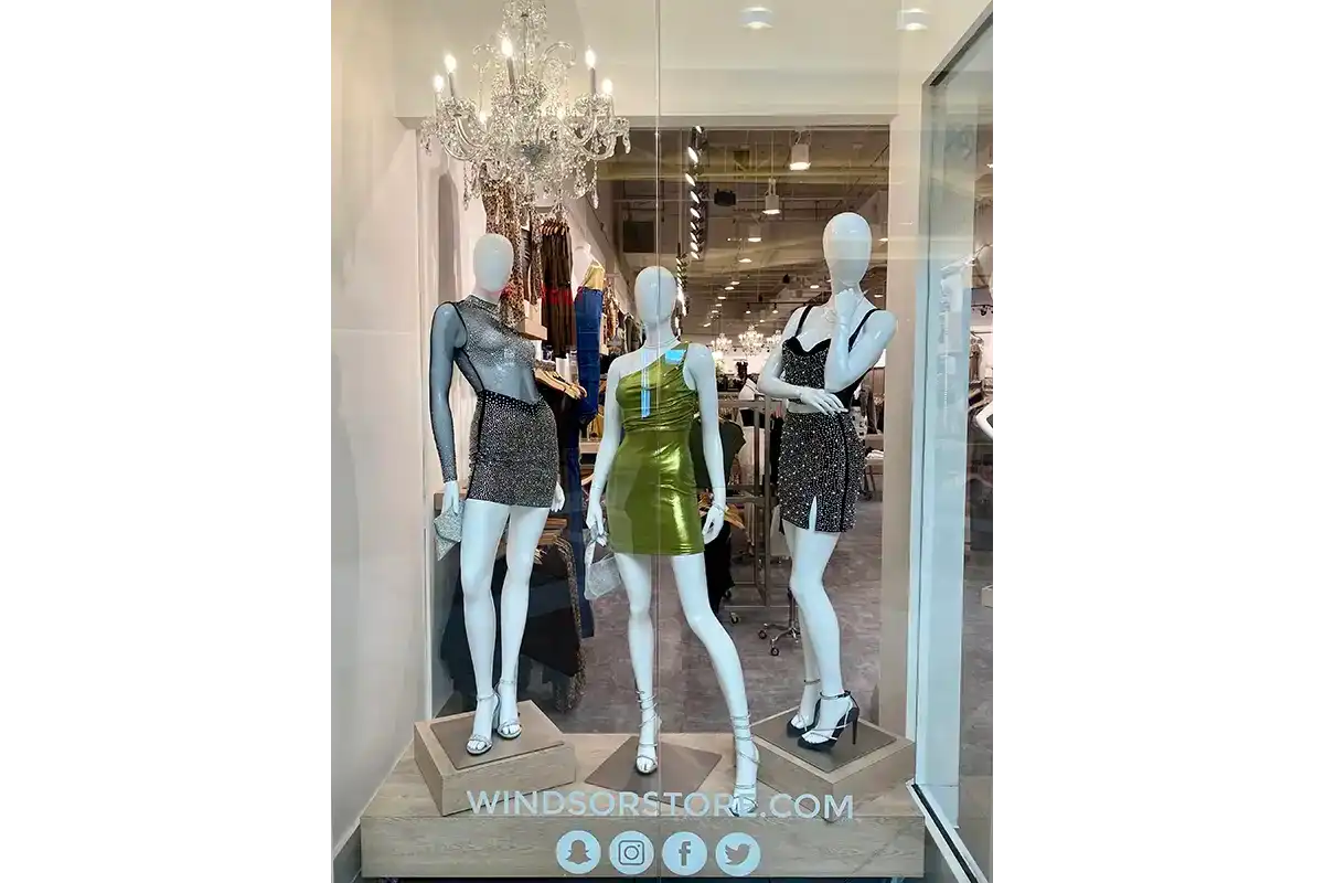 crystorama chandelier in the window display of fashion store Windsor
